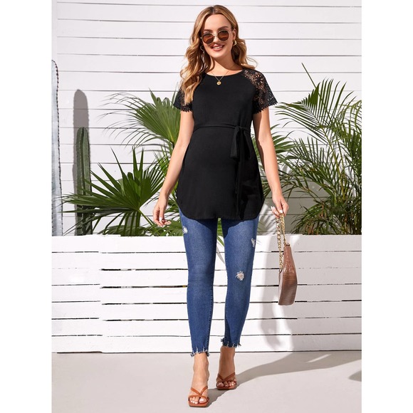 Maternity Contrast Lace short sleeve Tie Front T shirt black - Picture 4 of 5